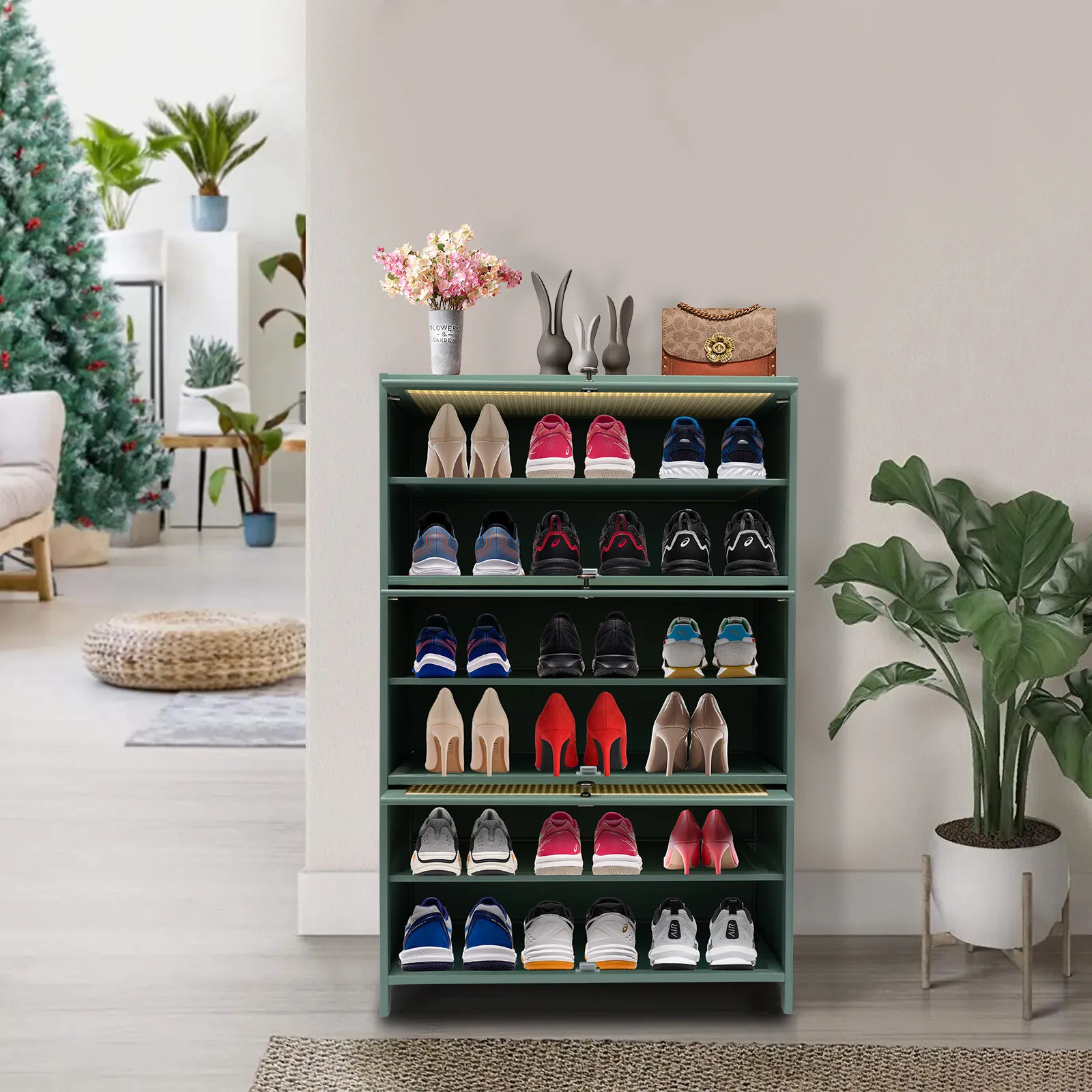 

7-ярусная зеленая бамбуковая напольная полка-органайзер для обуви, шкаф для хранения обуви