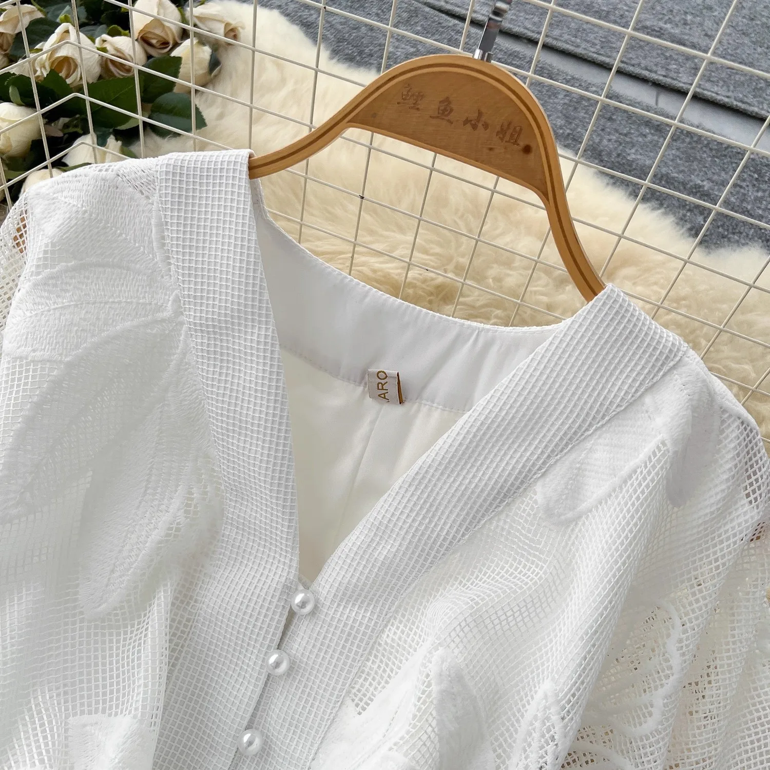 Summer French Sweet V-neck Dress Women's Lantern Sleeves Embroidered Waist Single Breasted A-line Mini Elegant Party Dress