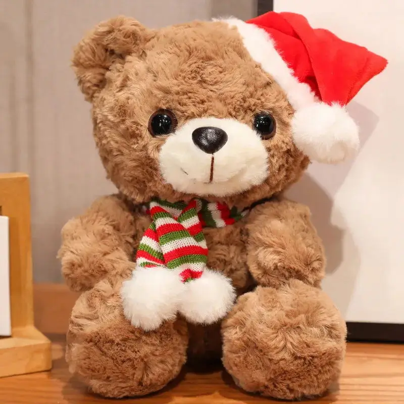 Cute Christmas Teddy Bear Plush Toys Stuffed Animal Bears Scarf with Santa Hat Soft Plushie Doll Xmas Kids Gift