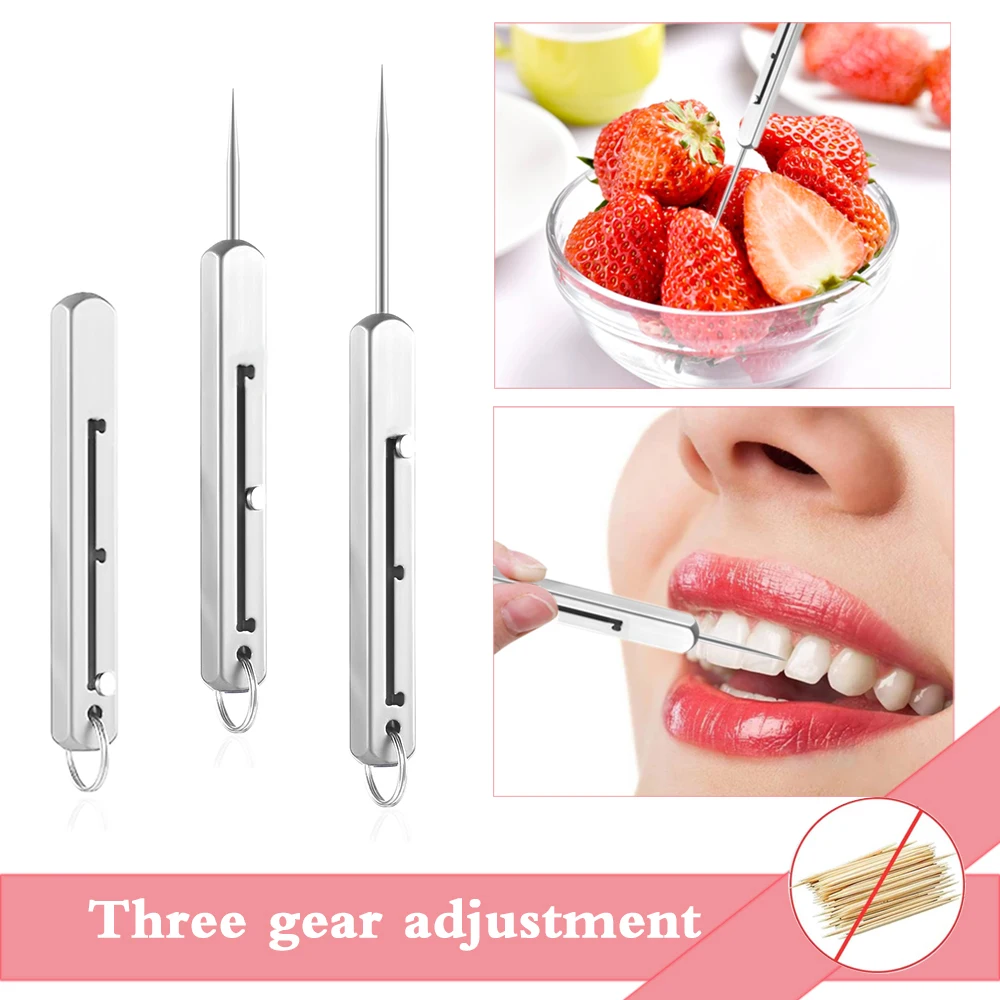 Titanium Toothpicks Silver Metal Toothpick Holder Reusable Metal Three Gear Adjustment Fruit Stick Pick for Tooth Clean Toothpic