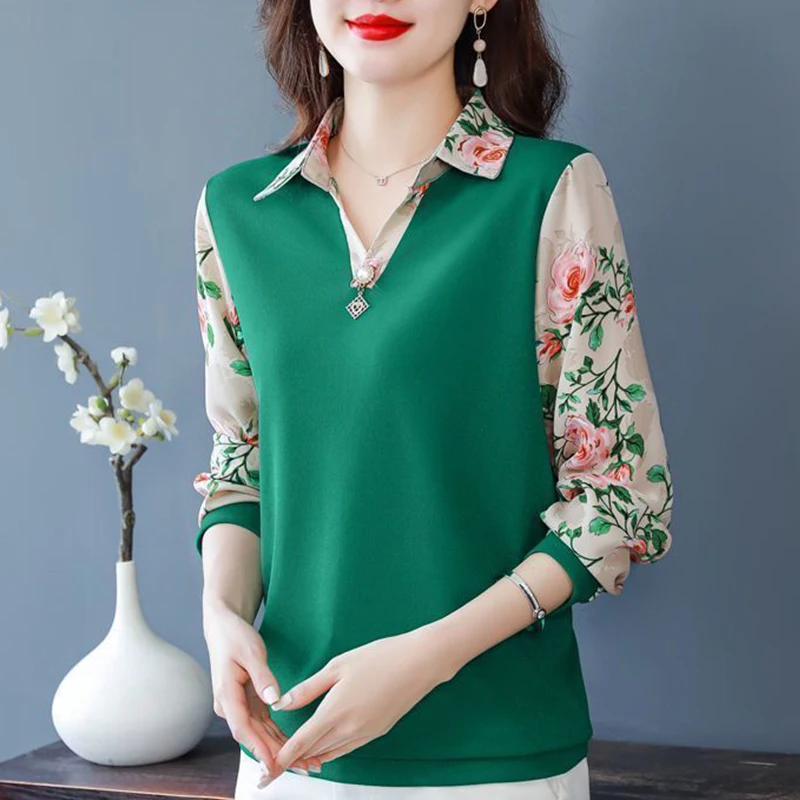 Spring and Autumn Elegant Fashion Shirt Women Trendy Vintage New Basic Office Lady Patchwork Long Sleeve Floral V Neck Slim Top