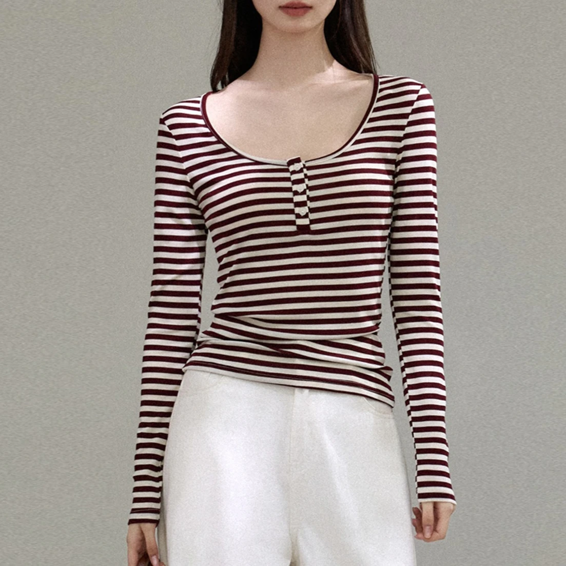 Women U Neck Striped Long Sleeve T Shirt Half Button Front Slim Fit Casual Autumn Layering Top Female Basic Tee