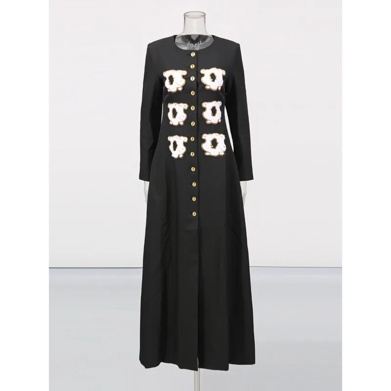 HUISONG Personality Pattern Patchwork Long Coat Round Neck Long Sleeve Hit Color Elegant Jacket Female Fashion Autumn Winter