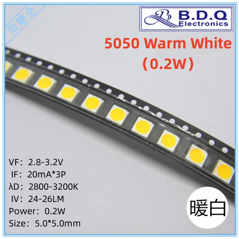 100Pcs SMD LED 5050 Warm White  LED Lamp Beads  Size 5050 Light-emitting Diode High Bright Quality