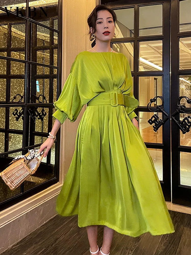 VKBN-Pleated Fabric Dress for Women, Party Sashes, Batwing Sleeve, Slash Neck, Green, Elegant Dress