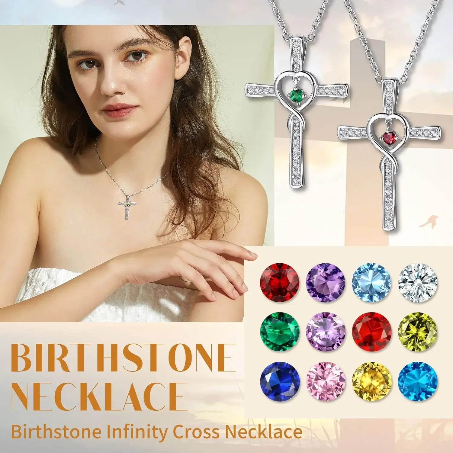 U7 925 Sterling Silver Infinity Cross Necklace for Women Clear CZ with Flexible Birthstones Birthday Dainty Jewelry Gift for Her