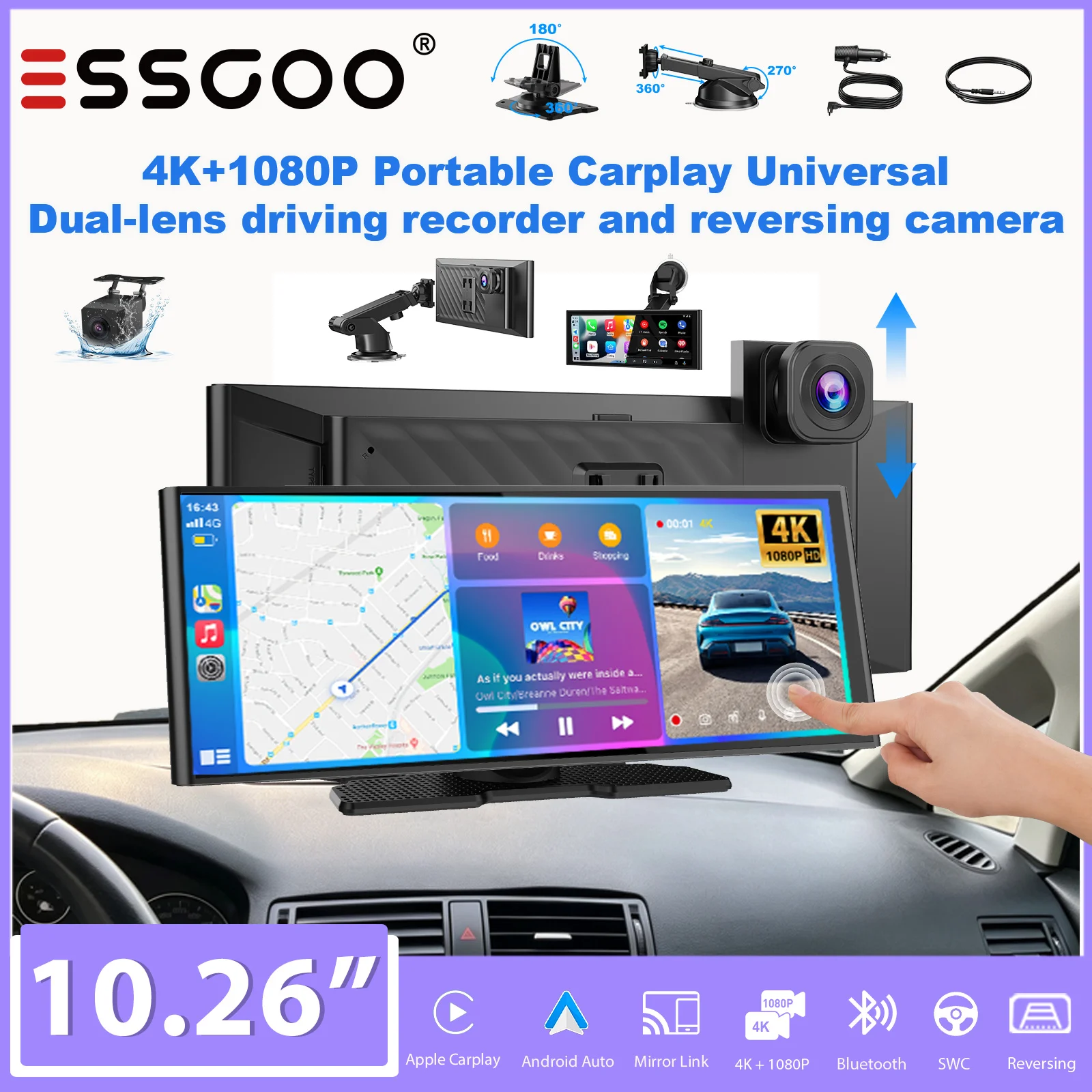 ESSGOO 10,26-Zoll 4K+1080p Kabelloses Tragbares CarPlay-Display mit Front- und Rückkamera Universelles Auto-Stereo für LKWs Android Auto BT AUX FM USB 64GTF Optional