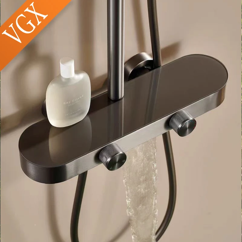 VGX Juego de sistema de ducha Juego de grifo de ducha de baño Juego de ducha de lluvia de 3 vías Grúa mezcladora de ducha con juego de ducha de mano Gris Blanco