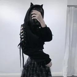 Women Long Sleeve Hoodies Kawaii Cat Ears Hoodie Gothic Punk Harajuku Cold Shouler Bandage Gothic Black Sweatshirts 2023