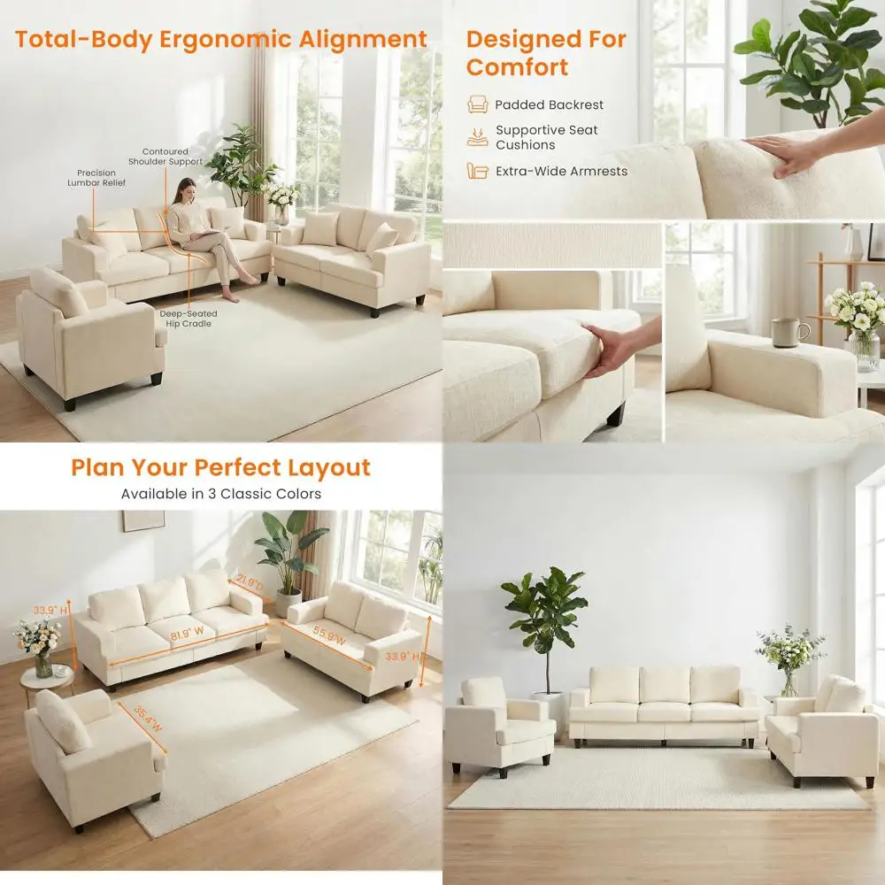 

6 Seat Chenille Sectional Soa Set or Living Room urniture Set,3 PCS ern Couch Set,82" Width 3 Seat Couch & Loveseat & Armchair w