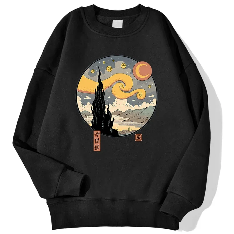 

Japanese Style Starry Night Print Man Pullovers Simple Soft Hoodie Street Warm Autumn Sweatshirt Hipster Fit Fleece Sportswear