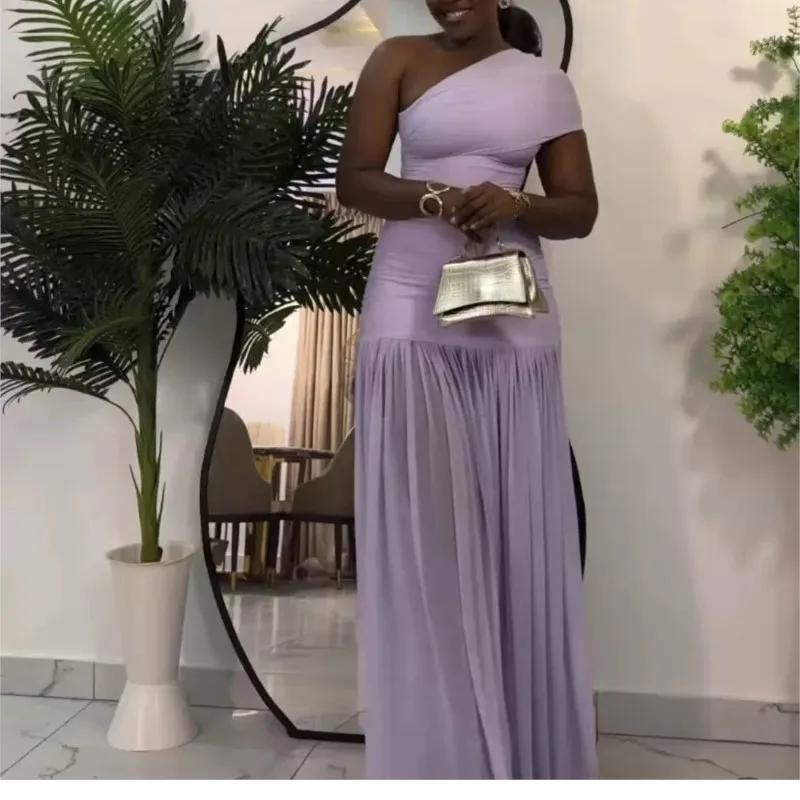 Women Long Dress Elegant Summer Sleeveless Slope Neck Pleated Slim Fit Slit Party Dresses One Shoulder High Waist Evening Dress