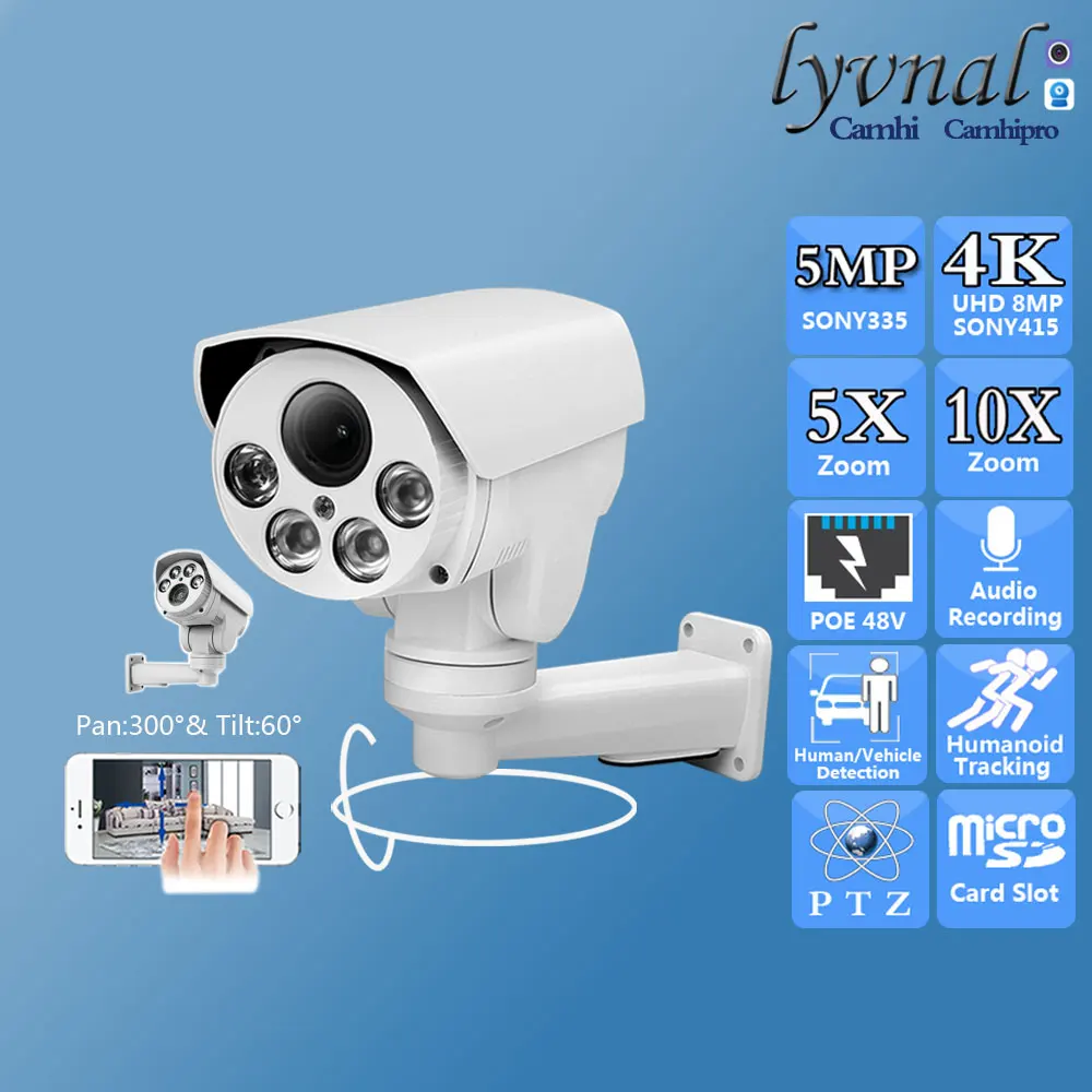 

4K 8MP SONY415 Security IP Camera POE 5MP 5X 10X Optical Zoom Autofocus Audio Human Tracking IR 50m Night Version With SD Card