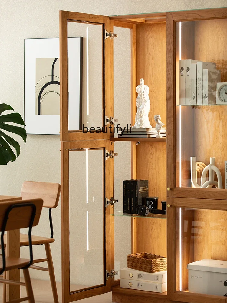 

Nordic Solid Wood Glass Combination Display Cabinet Cherrywood Wine Cabinet Bookcase with Glass Door