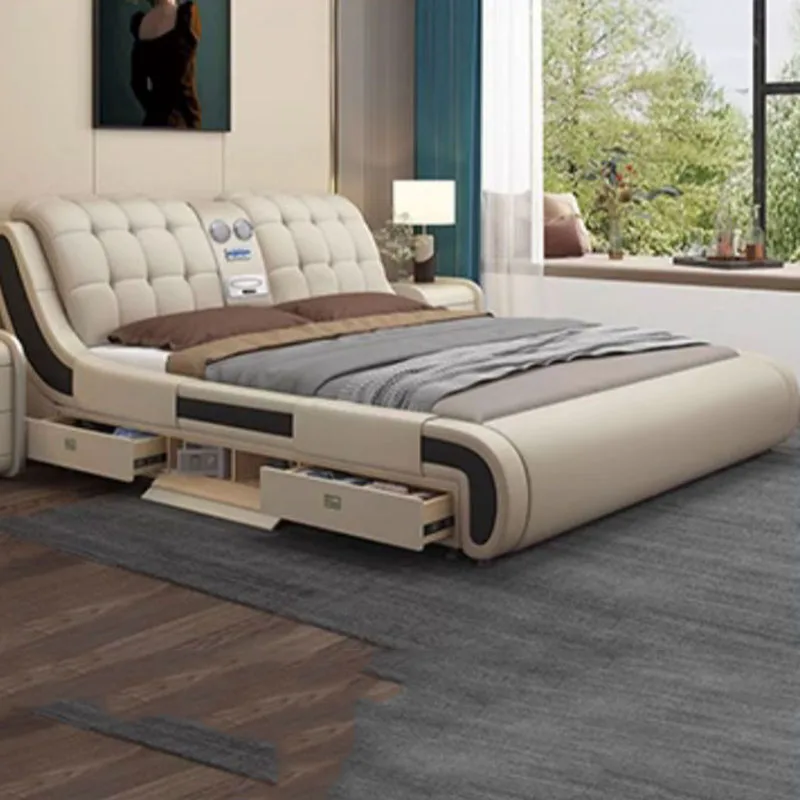 Master Leather Luxury Double Bed Frame Wooden Drawer Multifunction Double Bed Storage Pretty Cama Matrimonial Bedroom Furniture