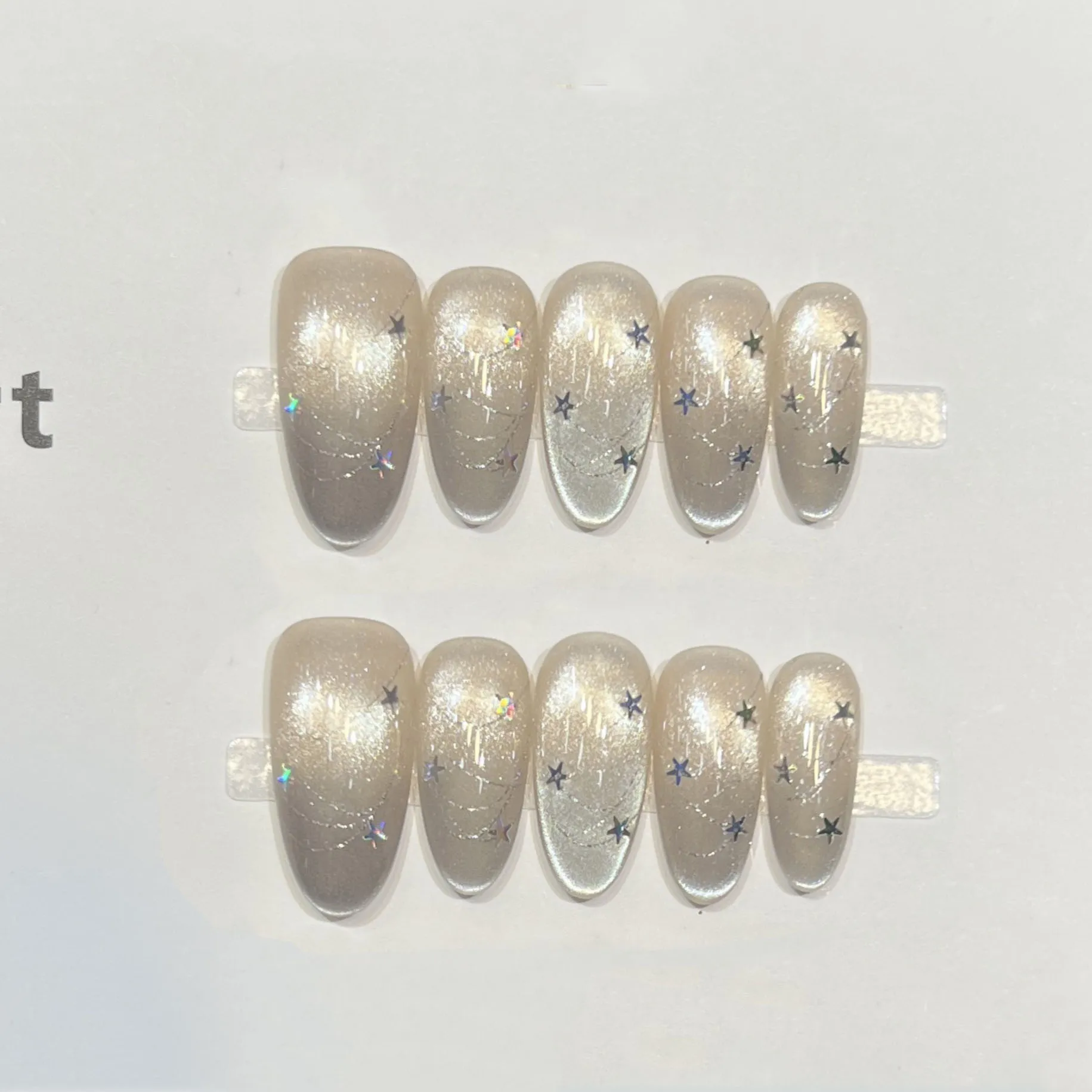 10Pcs Beauty Handmade Nails Tips Blue Cat's Eye French Press on Nails Fake Glitter Fantasy Star Sequin Stick on Oval Fake Nail