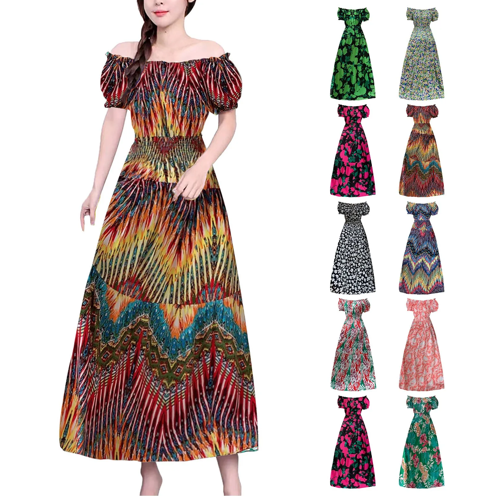 

Off The Shoulder One Neck Cotton Silk Floral Dress 2023 Summer Short Sleeved Long Skirt Ethnic Style Robe Femme floral dress