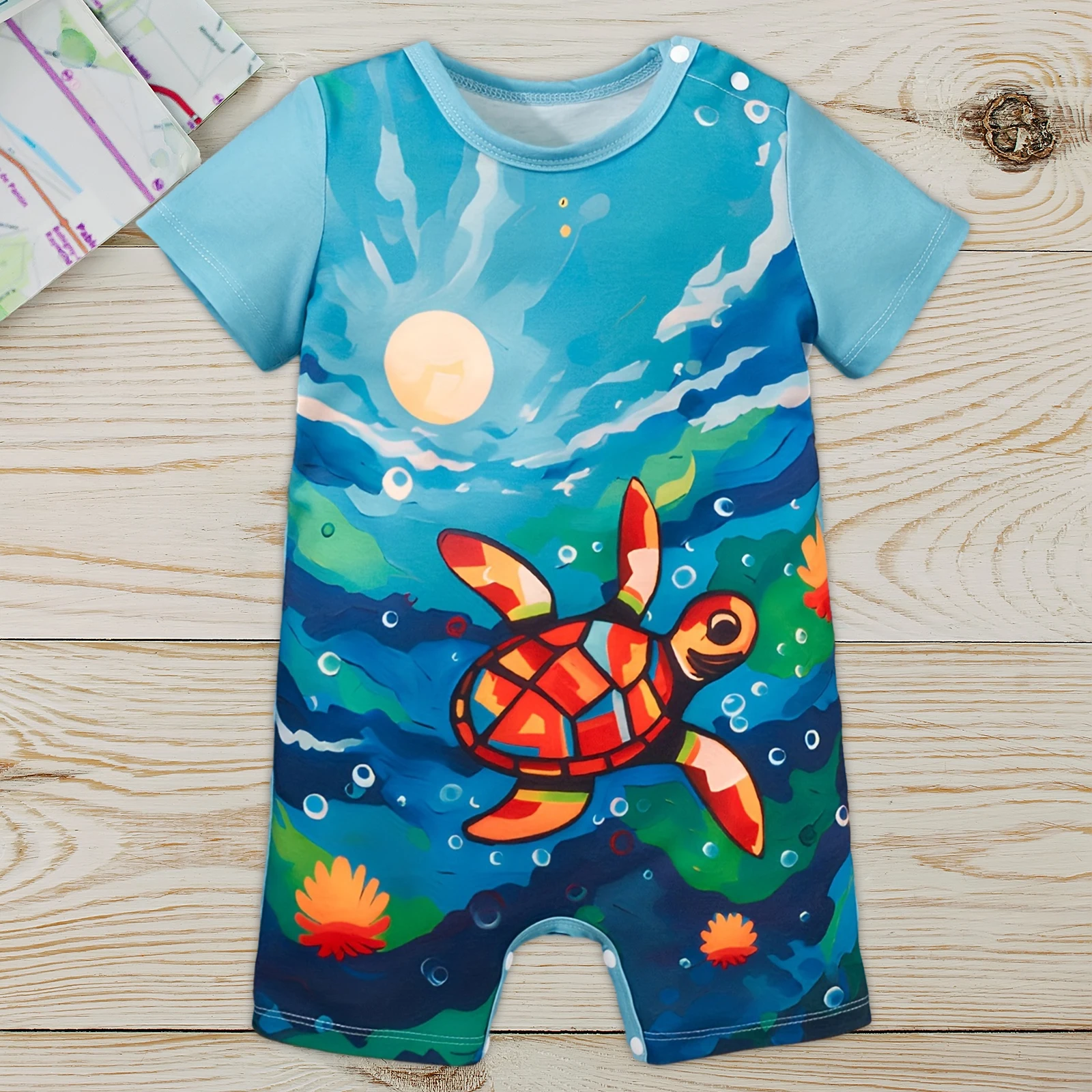 0-24Months Newborn Baby Romper Short Sleeved Cute Turtle Print Outdoor Climbing Suit Baby Outgoing Jumpsuit Soft Infant Clothes