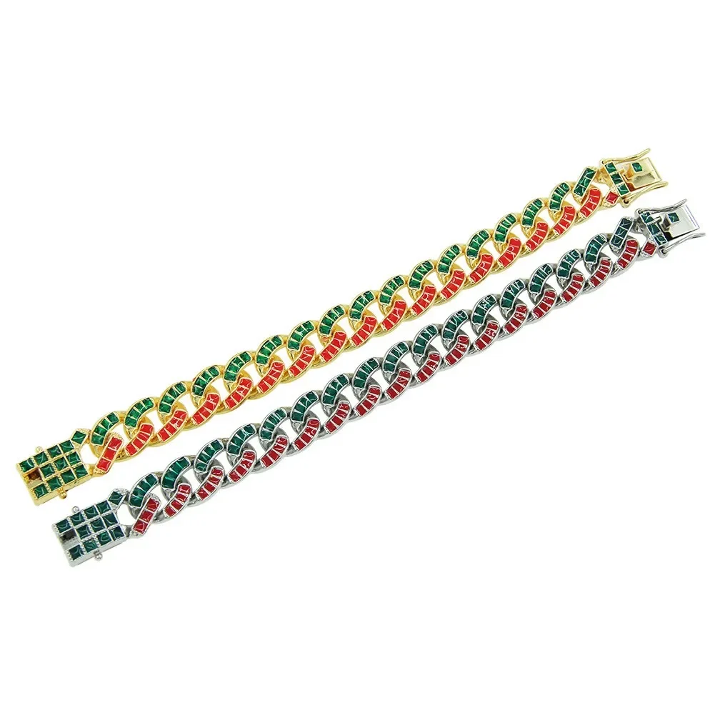 Luxury Dog Collar Cuban Chain Harness Metal With Red Green Diamond 15mm German Shepherd Big Dogs Chains Accessories Pet Items