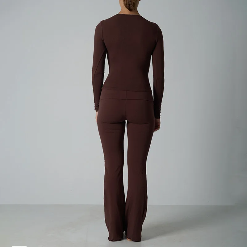 Cotton long-sleeved trousers  set Pure Color Knitted Long Sleeve Yoga Wear Casual Two-Piece Suit Comfortable Autumn Winter