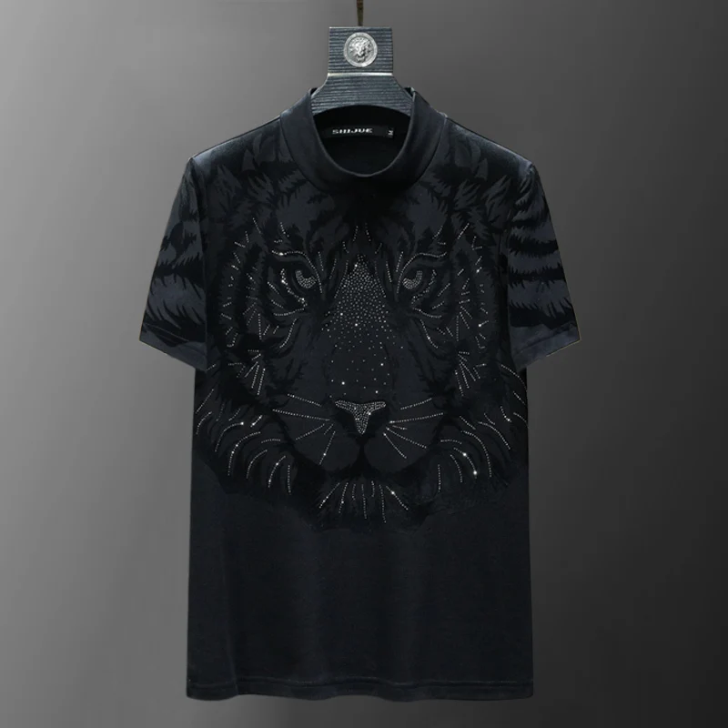 High Quality Men Short Sleeve Breathable T-shirt Tiger Pattern Hot Drill Round Neck Plus Fleece Thick Men Contrast Color T-shirt