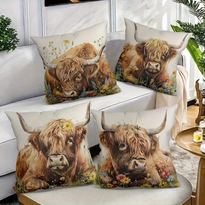 Highland cattle, floral patterns digital printing pillow cover Short plush Suitable living bedrooms sofas throw cushion cover