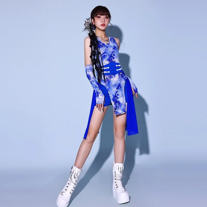 New Nightclub Bar Dj Performance Stage Costumes For Women Group Chinese Style Blue Jazz Dance Clothes Girls Hiphop Wear DQS16404