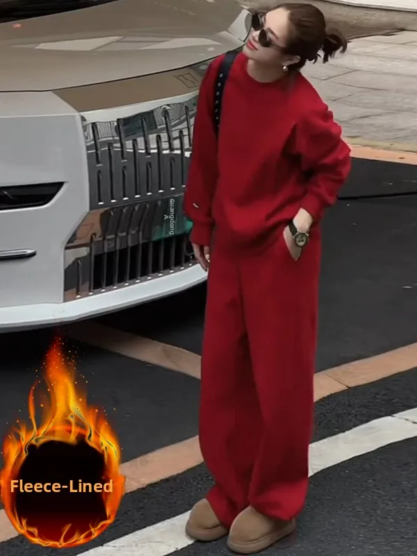 

Women's Winter Thickened Fleece Sports Set Casual Wide Leg Pants Two-Piece Suit Red Sweatshirt Long Sleeve round Neck Top