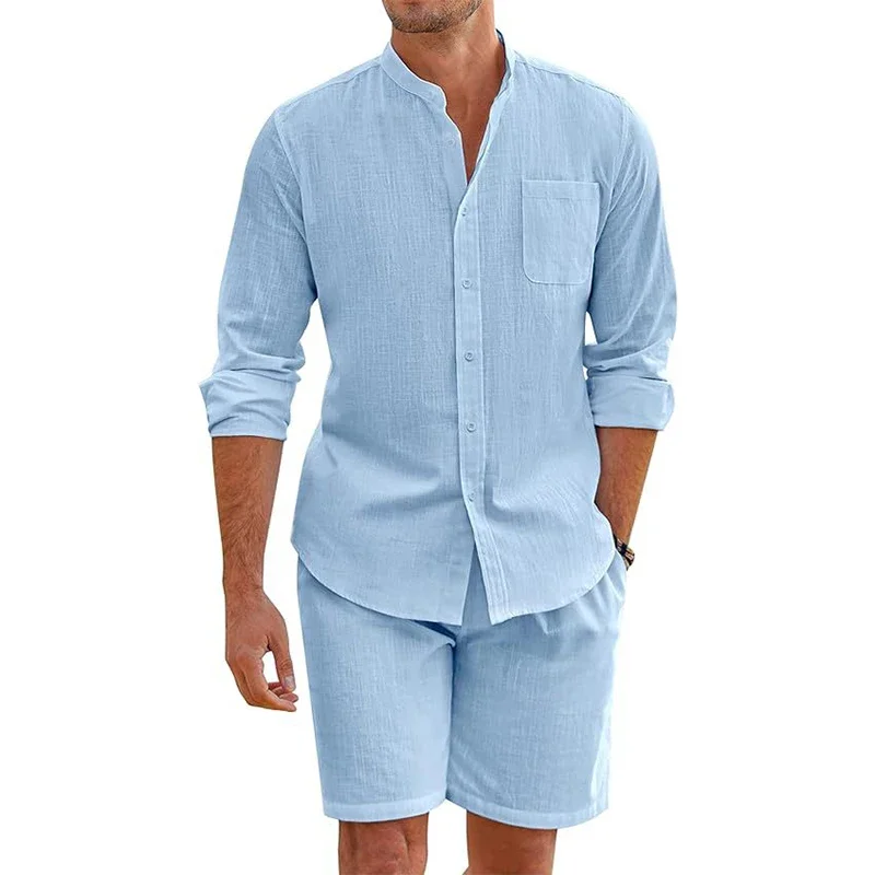 Daily Casual Breathable Cotton Linen Outfits Mens Vintage Stand Collar Button-up Shirts And Shorts Sets For Men Clothing Summer