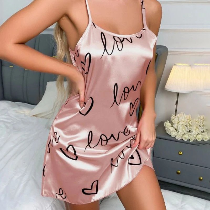 Women’s Sleepwear Sleeveless Heart Print Nightdress for All Seasons Casual Nightgown Sexy Lingerie Mini Slip Chemise Nightwear