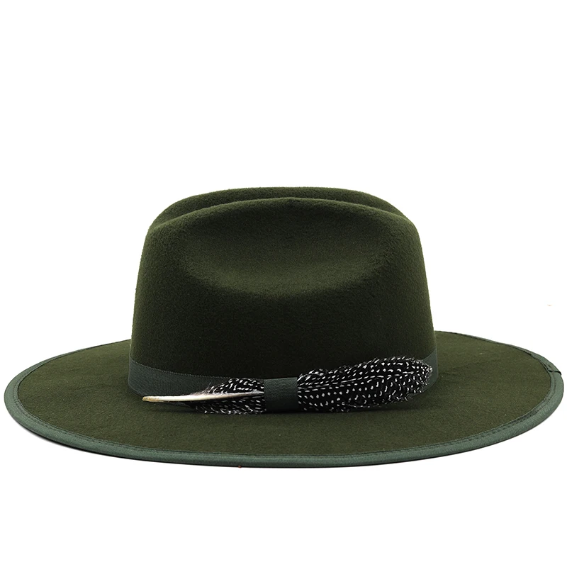 New Military green Feather band Wool Women Fedora Hat Men cowboy hats Elegant Lady Gangster Trilby Felt Homburg Church Jazz Hat