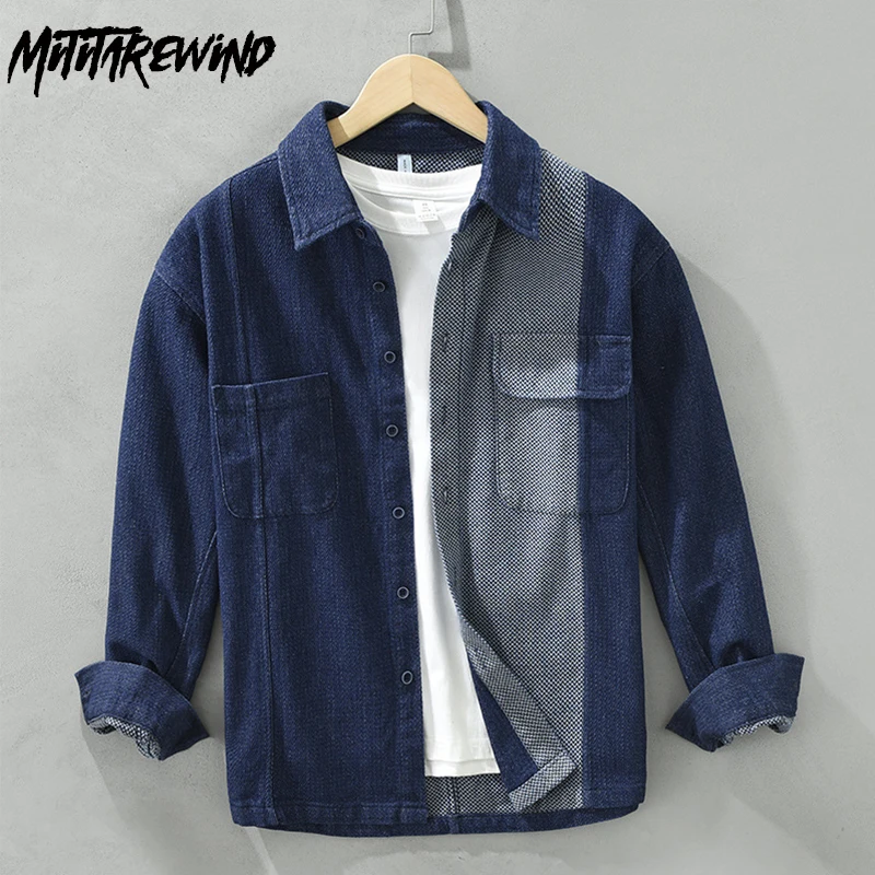 

Autumn New Mens Long Sleeve Denim Shirt Street Casual Fashion Shirts Pure Cotton Patchwork Design Shirt Japanese Loose Jean Top