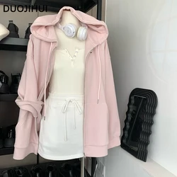 DUOJIHUI-3-Piece Camisola com capuz feminino, capuz chique com zíper com saia de cordão, rosa solto, branco, moda