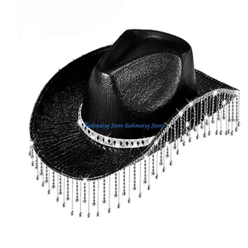 

573B Womens Western Tassels Cowboy Hat For Halloween Dress Up Party Glitter Cap