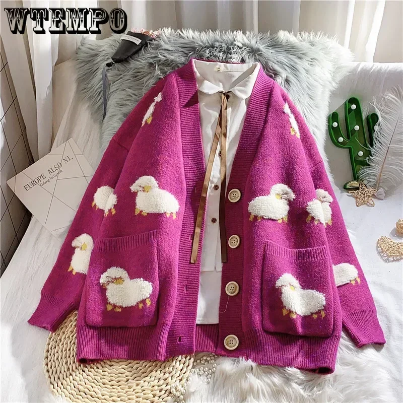 WTEMPO Women's Embroidered Sheep Knitted Cardigan Oversized V Neck Long Sleeve Knit Sweater Vintage Autumn Women's Clothing