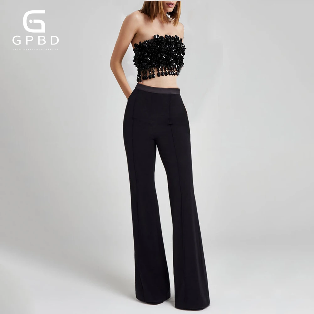 Black Bead Tassel Two Piece Pants Set Women Sexy Strapless Crop Tops and Trousers Luxury Party Club Outfits Pantsuits