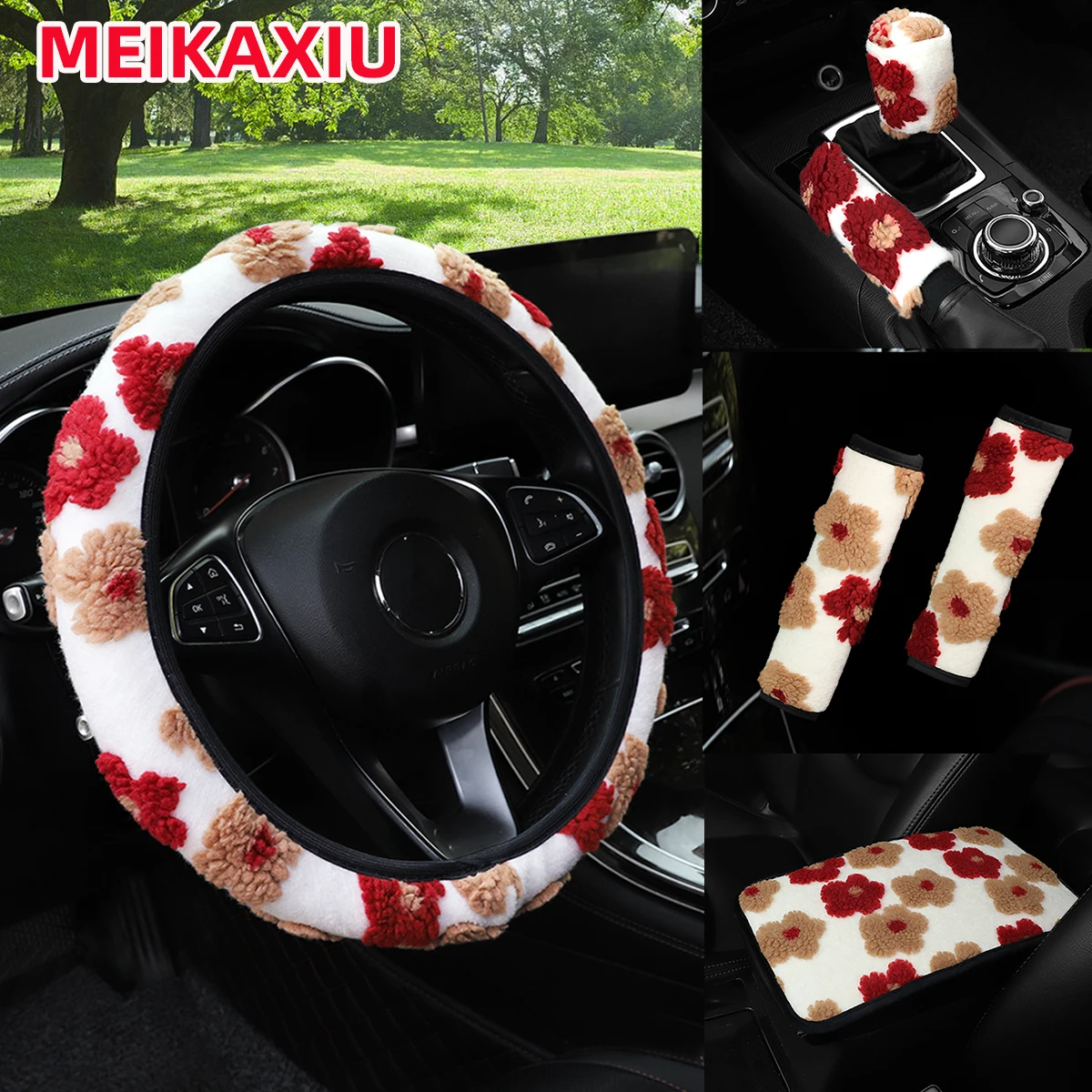 6pc Plush Large Flower Car Without Inner Ring Steering Wheel Cover Shoulder Cover Armrest Pad Handbrake Cover File Set for Women
