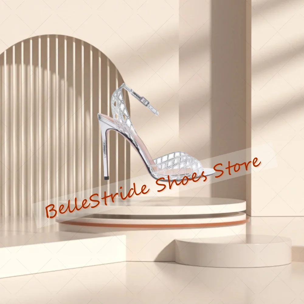 실버 크리스탈 속이 비치는 PVC 샌들 버클 스트랩 여성 신발 얇은 하이힐 파티 연회 데이트 2025 여성용 신발