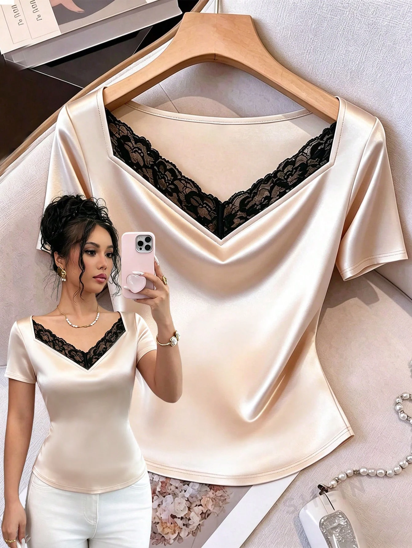 Women's Satin Short Sleeve Blouse V Neck Black Lace Trim Draped Front Slim Fit Elegant Office Casual Top Workwear Shirt