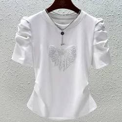 Women's 2024 Summer New Minimalist Commute Solid Color Patchwork Sequined Bow Ruched Chic Round Neck Short Sleeve T-shirts Tops