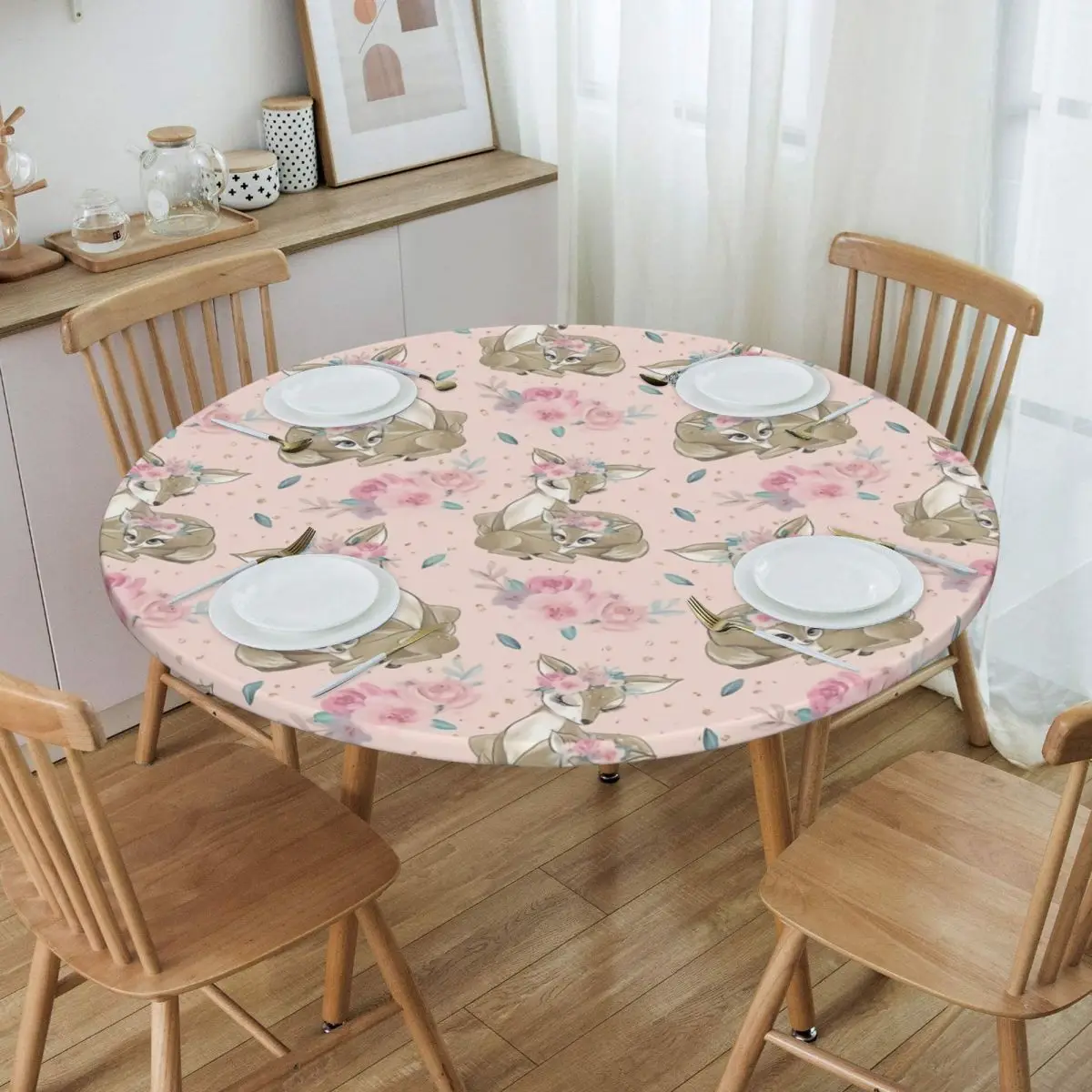 Round Waterproof Oil-Proof Disney Bambi Animated Movies Tablecloth Backing Elastic Edge Table Cover 45