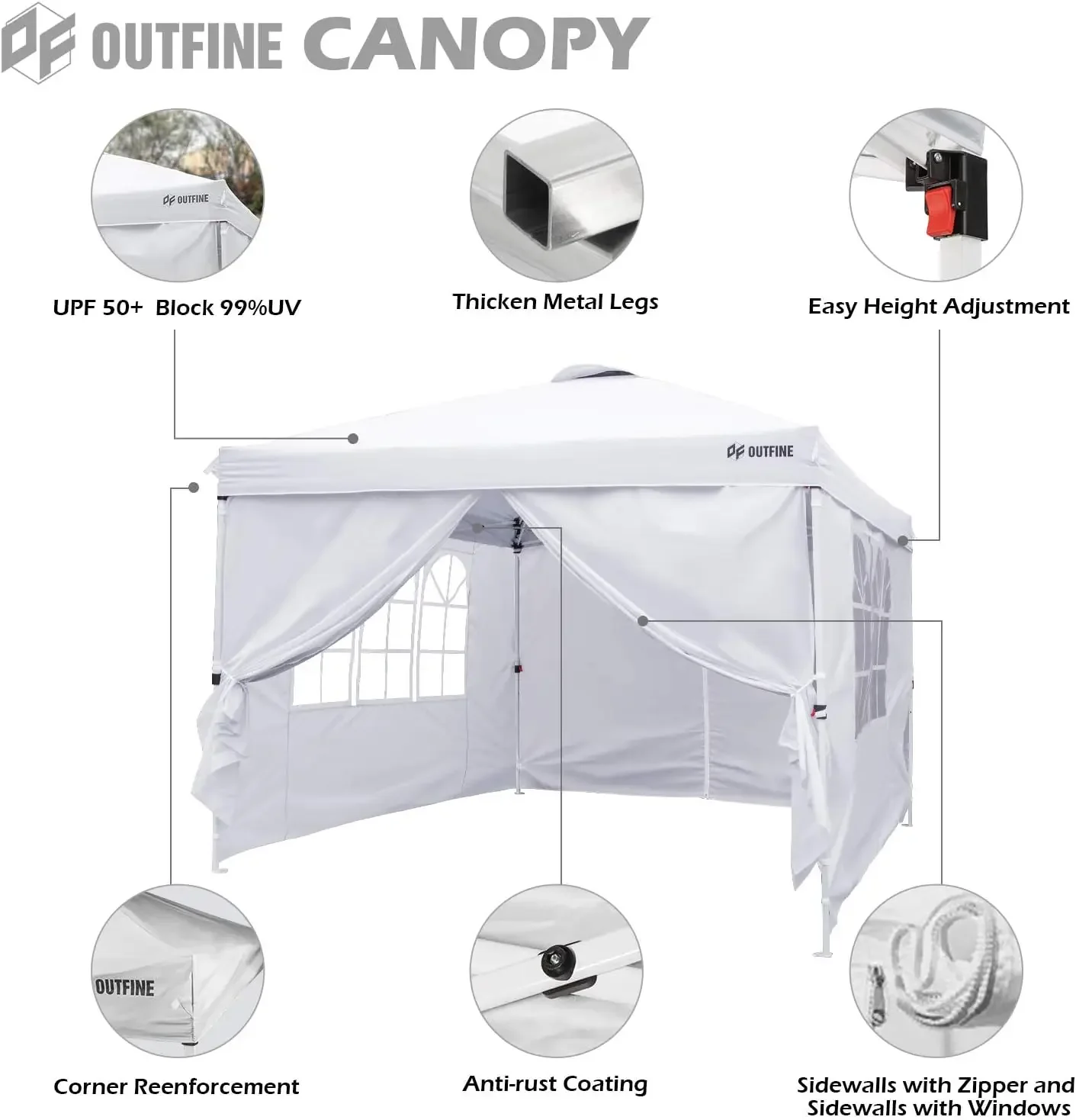 OUTFINE Canopy 10'x10' Pop Up Commercial Instant Gazebo Tent, Fully Waterproof, Outdoor Party Canopies with 4 Removable Sidewall