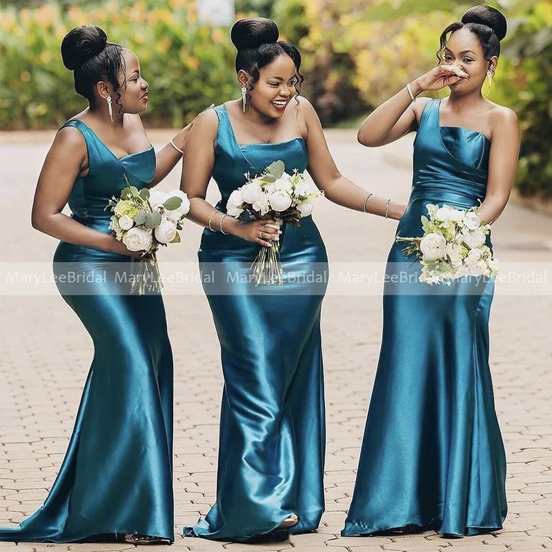Customized Dark Cyan Bridesmaid Dresses Pleated Satin Plus Size Women Robes Mermaid Wedding Party Dress Maid Of Honor Gowns