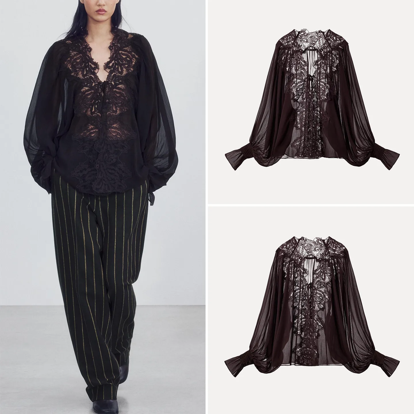 Fashionable Long Sleeve V-Neck Lace  Knot Shirt Women's Autumn Wear ZADATA Brand Personalized Style Other Material 100%