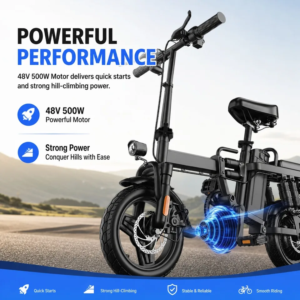 14" Folding Electric Bike 500W Motor 48V 15Ah Battery - 43km/h Top Speed & 60km Long Range, Dual Disc Brakes, 150kg Max Load, Portable Lightweight E-Bicycle with Basket & Fenders for Adult Commuting image 4