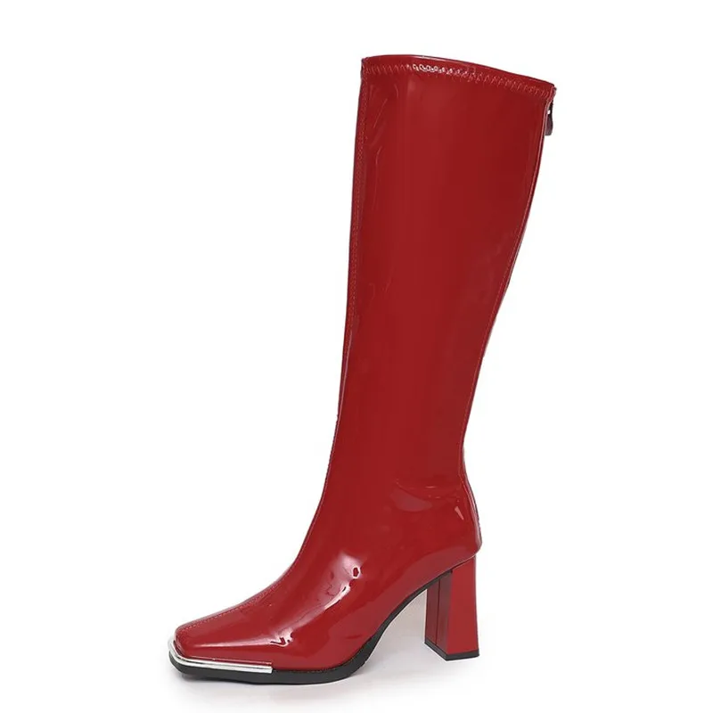 Bottes hautes de luxe en cuir verni à talon de 7,5 cm, bottes de scène à bout carré, bottes longues, nouvelle collection automne-hiver, chaussures de soirée pour femme