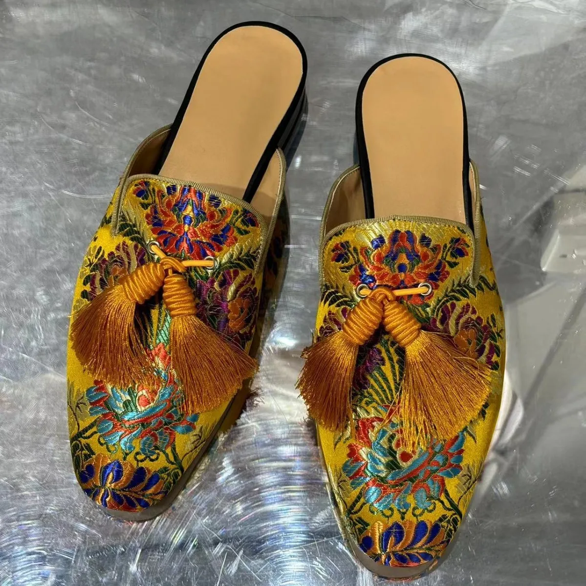 Men Embroider Leather Casual Dress Shoes Gold Tassel Spring Vintage Classic Male Casual Summer Slippers Men Size 48