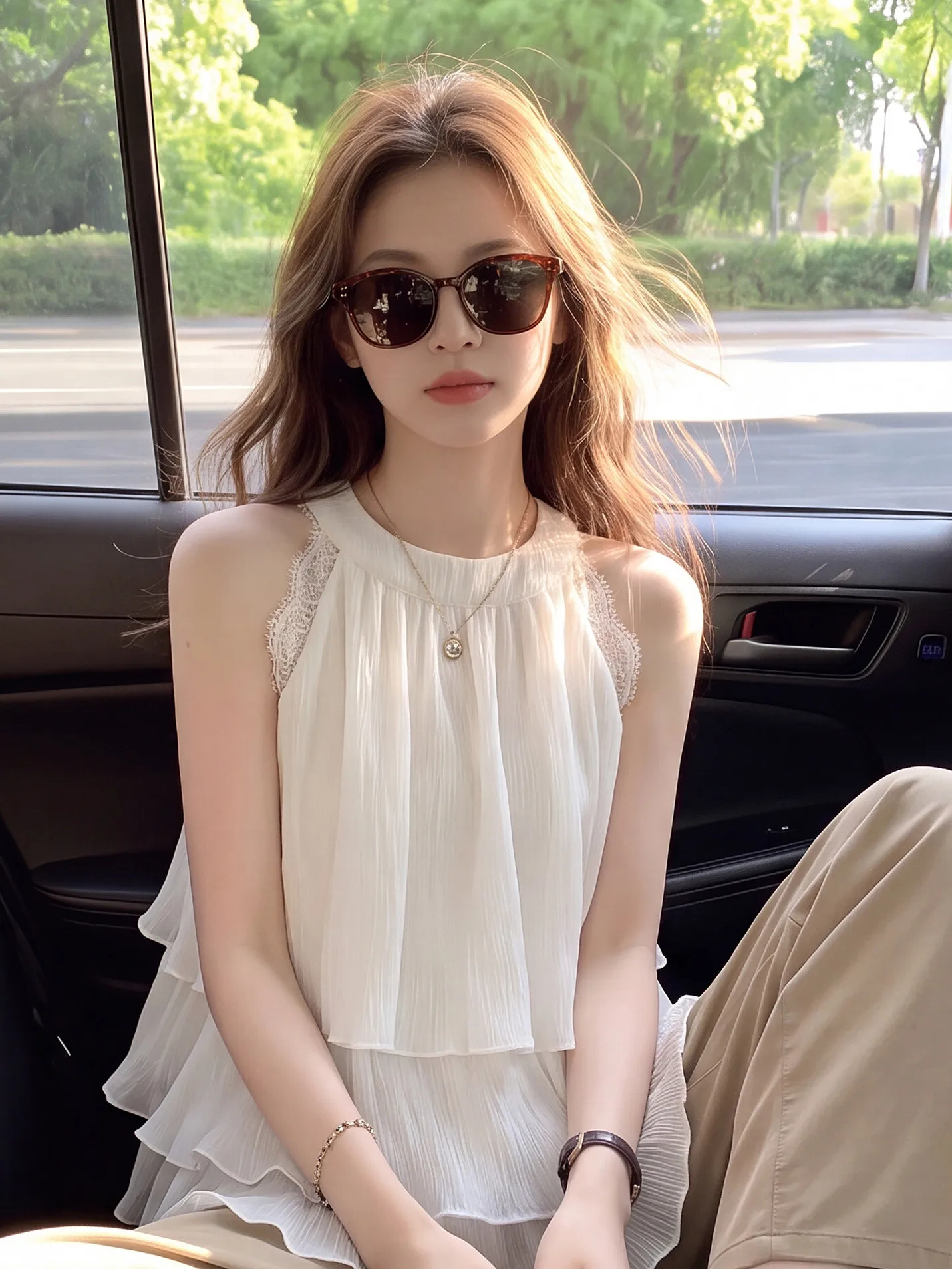 Summer New Women's Texture Pattern Side Tied Neck Hanging Vest 2026 Fashionable Chiffon Top Lace Sleeveless round Neck