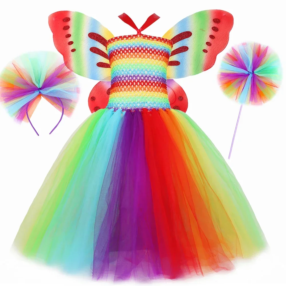 Rainbow Butterfly Fairy Costume for Girls Birthday Party Tutu Dress Long Kids Halloween Carnival Fairy Princess Dress with Wings