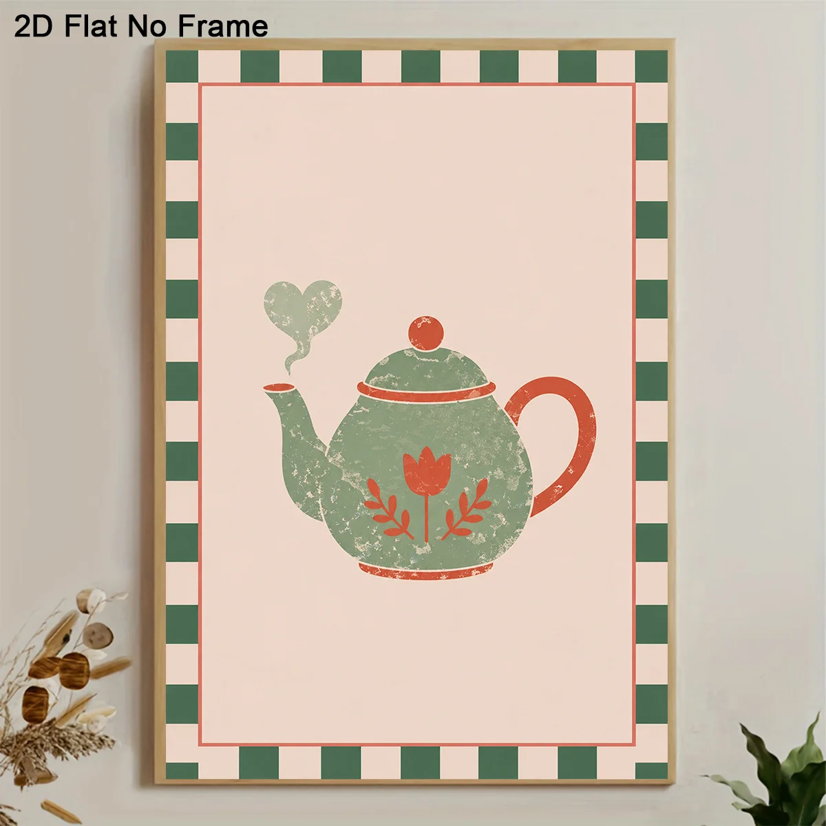 2D Flat, 1pc Frameless Canvas Poster, Vintage Green Teapot with Floral Pattern and Heart Shaped Steam on Cream Background wit